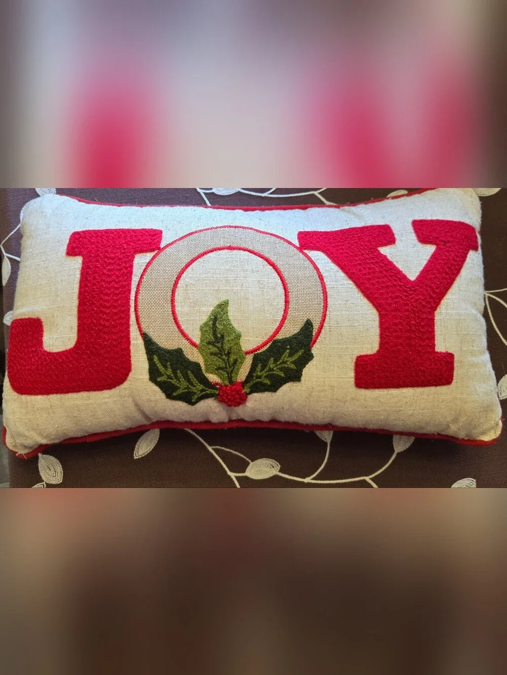 Holiday Holly Embroidered Decorative Pillow - Red and Green